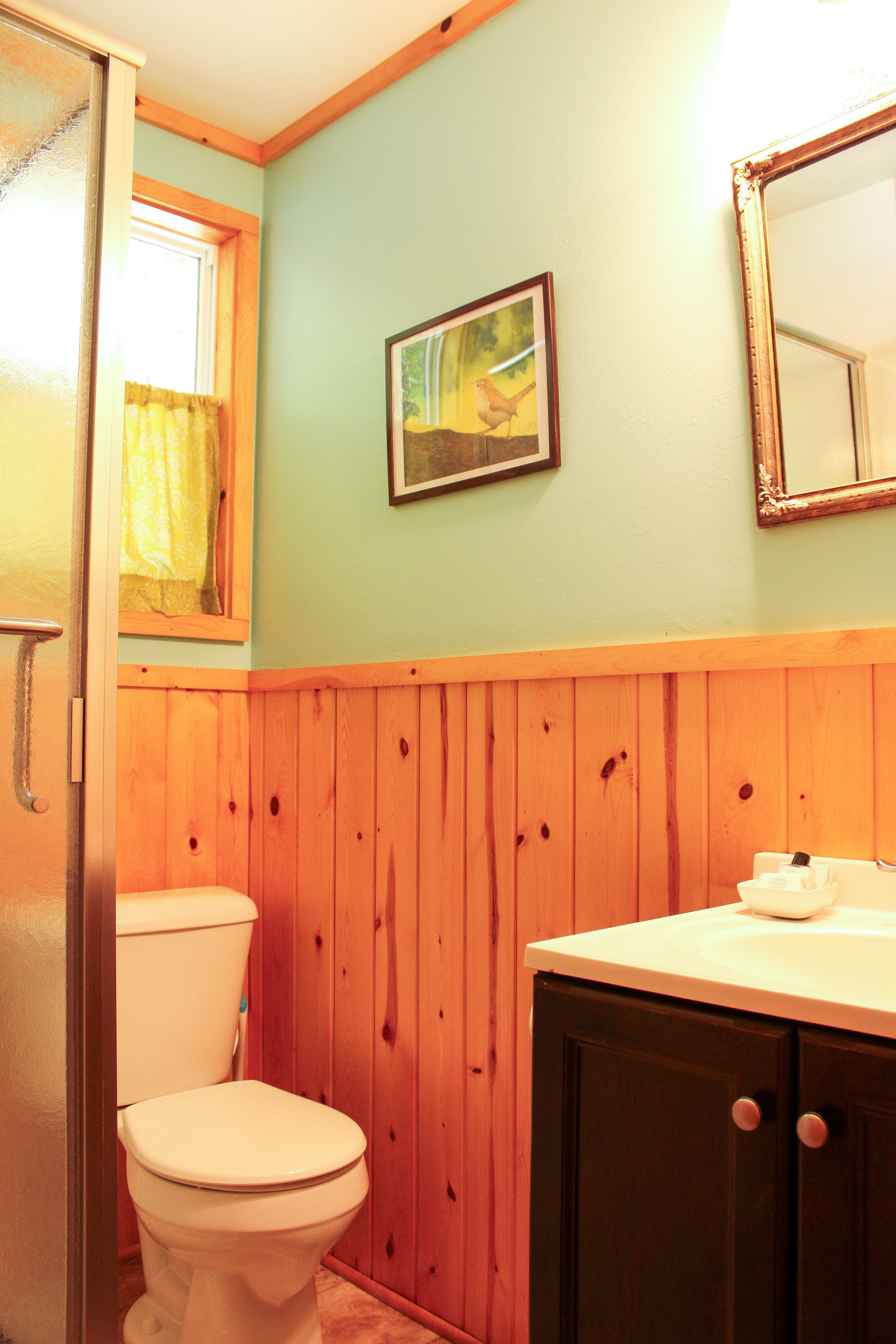 A functional bathroom, featuring wood paneling, a white sink, toilet, a glass shower, and a window with a green curtain.