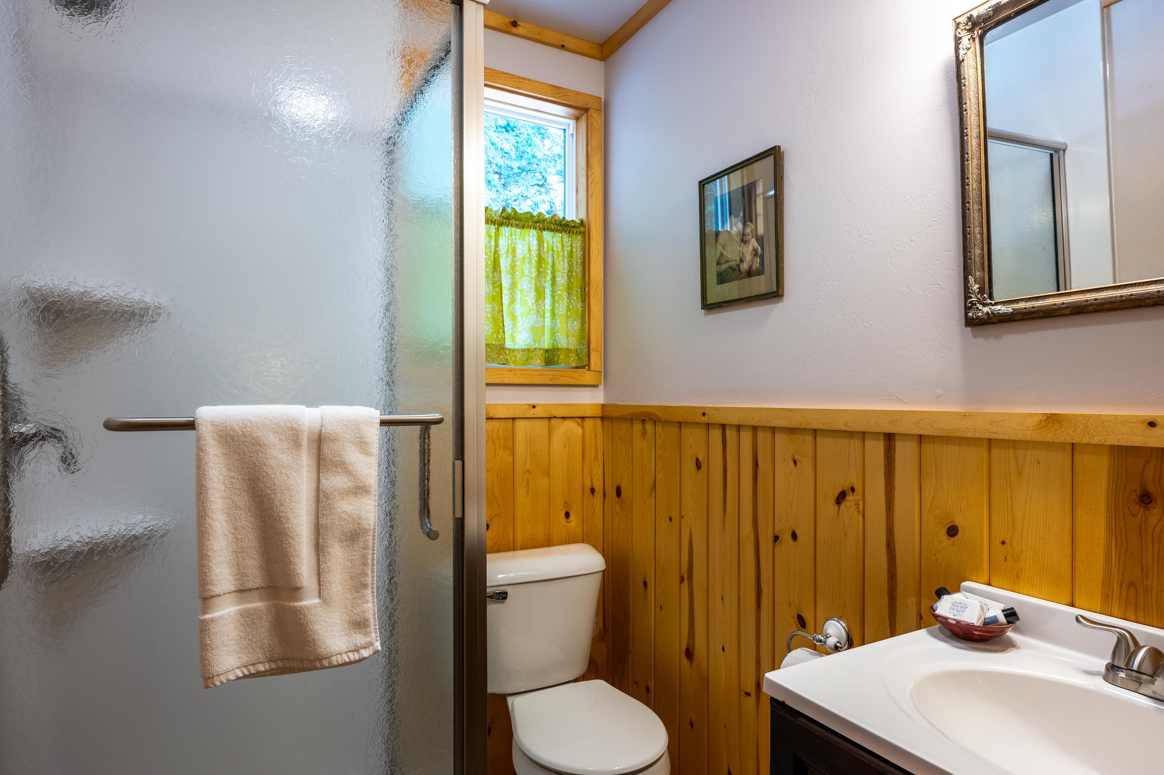 A bathroom with a rustic feel, featuring wood paneling, a white sink, toilet, a glass shower, and a window with a green curtain.