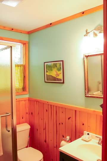 A functional bathroom, featuring wood paneling, a white sink, toilet, a glass shower, and a window with a green curtain.